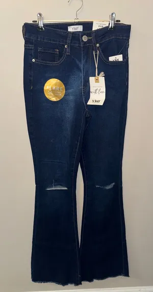 YMI Dark Blue Flare Jeans with Subtle Knee Distress thumbnail 1