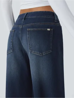 Halara Flex Asymmetric Low Rise Zipper Pockets Baggy Wide Leg Washed Casual Jea thumbnail 4