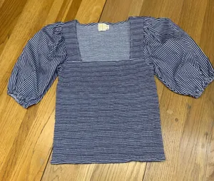 Nation LTD Womens Navy White Striped Pima Cotton Puff Sleeve Square Neck‎ Top S thumbnail 1