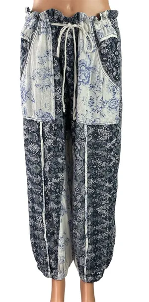 Free People Sweet It Is Blue Cream Floral Printed Tapered Harem Trouser Pants M thumbnail 1