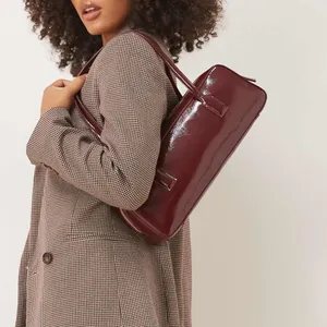 ASOS- burgundy patent faux leather elongated shoulder bag thumbnail 3