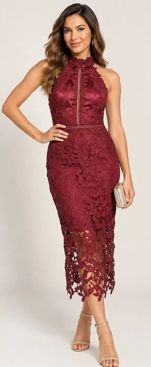 Bardot Gemma Burgundy Lace Halter Midi Dress XS 4 NWT $119 Open Back thumbnail 1