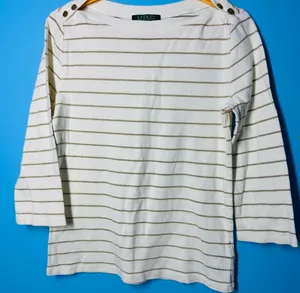 Lauren Ralph Lauren White and Gold Metallic Striped Boatneck Top thumbnail 12