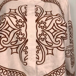 &Merci Embroidered Womens Top Blouse Sz M 100% Cotton White/Brown Puff Sleeves thumbnail 2
