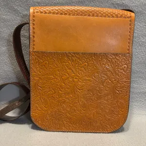 Women's Brown Hand-tooled Leather Crossbody Bag with Sunflower design monogram thumbnail 3