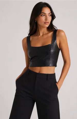 NWT Express Black Crocodile Print Faux Leather Crop Top thumbnail 1
