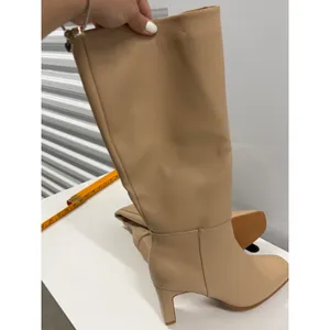Nude Beige Faux Leather Square Toe Knee High Block Heel Boots Size 40 thumbnail 4