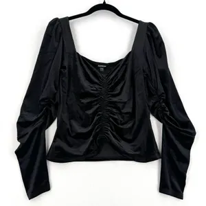 Express Black Velvet Ruched Puff Sleeve Top M NWT Square Neck Romantic Festival thumbnail 1
