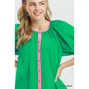 Umgee Contrast Trim Button Front Puff Sleeve Blouse - Kelly Green - Large thumbnail 4