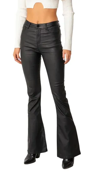 Edikted Luna Black Faux Leather Flare Pants High Rise‎ Stretch Vegan Leather M thumbnail 1