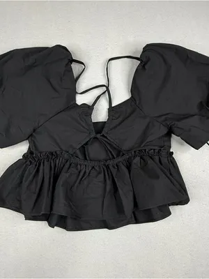 Kimchi Blue Black Puff Sleeve Peplum Top Open Back Tie Coquette S thumbnail 2