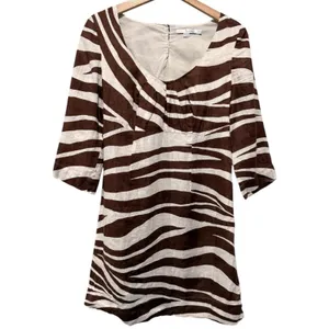 Boden 100% Linen Mini Shift‎ Dress Size 2 Brown Zebra Animal Print Safari thumbnail 2