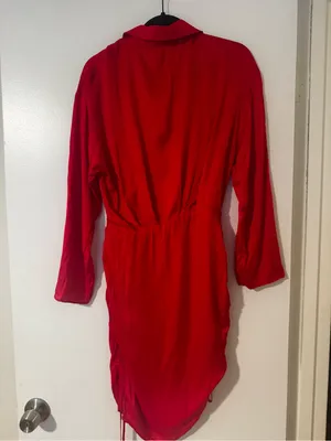Zara Women’s Bright Red Long Sleeve Wrap-Style Mini Dress with Ruched Drawstring thumbnail 11