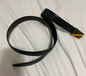 Black genuine leather belt with yellow and olive diagonal stripes and black logo, size 42 #leather #stripes thumbnail 1