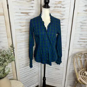 BROOKS BROTHERS Women's 8 Tartan Navy Plaid Long Sleeve Button Top Ruffle Neck thumbnail 4