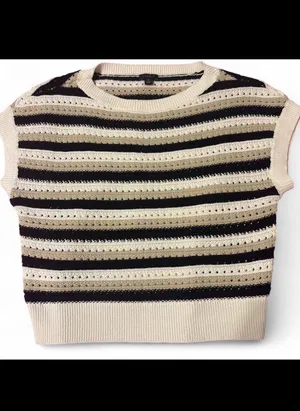 Ann Taylor Striped Crewneck Sweater in Black & Cream with Taupe Accents Sz M thumbnail 6