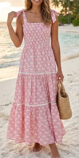 Mon Coco Lucy Convertible Smocked Tiered Maxi Midi Dress Red Vines Block Print thumbnail 1
