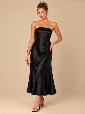 Renee C. Black Draped Satin Strapless Flowy Midi Dress Elegant Size Small Party thumbnail 9