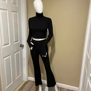 Knit Two Pieces Set Crop Top Mock Neck Blouse High Waist Flare Pants High Rise thumbnail 2