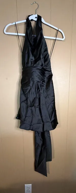 Zara Black Satin Halterneck Mini Dress with Ruched Ruffle Hem thumbnail 1