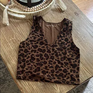 Abercrombie and Fitch Black and Brown Leopard Print Fitted Crop Tank Top thumbnail 1