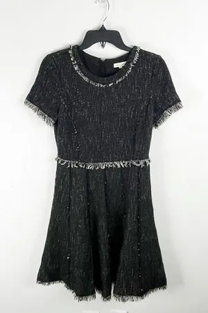 REBECCA TAYLOR Tweed Fringe Trim Short Sleeves Hidden Back Zipper Lined Dress 2 thumbnail 1