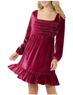 LC Lauren Conrad Velvet Mini‎ Dress Large Wine Red Smocked Ruffle Long Sleeve thumbnail 1