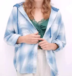 American Eagle Blue Hooded Cabin Flannel Button Down Shacket thumbnail 1
