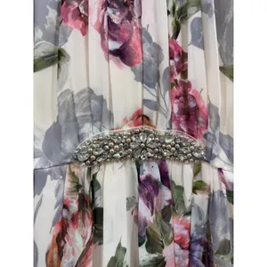 Floral High Low Halter Maxi Dress Rhinestone Waist Pink Purple Cream Sz 4 thumbnail 6