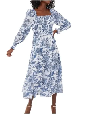Hyacinth House Long Sleeve Georgina Midi Dress in Blue Toile XXSmall New Womens thumbnail 4