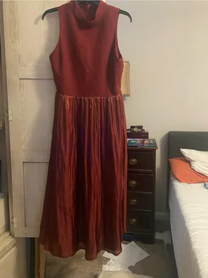Sleeveless Burgundy Midi Dress with Satin Skirt thumbnail 3