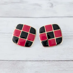 Vintage Clip On Earrings Black, Red, Gold Tone Checkered Pattern Red thumbnail 2