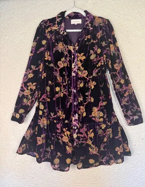 DEAR JOHN Dress Womens XS Purple Velvet Floral Shirt Dress Fairy Witchy‎ Boho thumbnail 1
