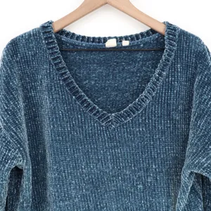Gap Sweater Women XL Blue Velvet Chenille Long Sleeve Super Soft V-Neck Pullover thumbnail 4