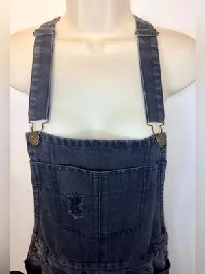 Love Tree Denim Overalls Size M Dark Wash Distressed Black Gray Overalls thumbnail 9