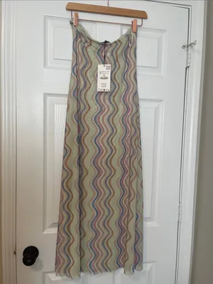 ZARA NWT Wavy Print Mesh Maxi Slip Dress in Pastel Greens and Pinks thumbnail 2