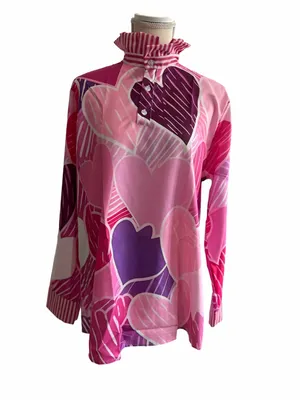 Women's Long Sleeve Pink Heart Theme High Ruffle Neck Blouse Size L #260864 thumbnail 1