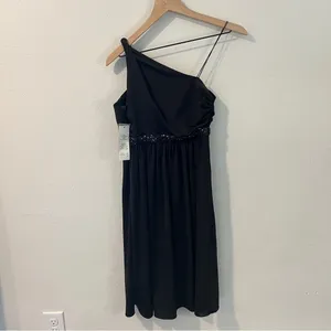Adrianna‎ Papell Boutique Elegant Satin Black Beaded One-Shoulder Babydoll Dress thumbnail 5