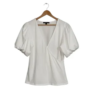 Boston Proper White Puff Sleeve Wrap Top‎ V-Neck Cotton Stretch 32310102 XL thumbnail 3