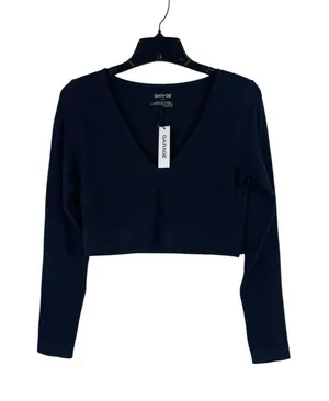 Garage Black Ribbed L Cropped Top Seamless Deep V-Neck Long Sleeve Y2K Look NWT thumbnail 1