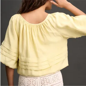 ANTHROPOLOGIE Maeve Short Sleeve Bubble Tiered Top Yellow Off The Shoulder Top L thumbnail 2