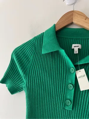NEW!! Aerie‎ Green Ribbed Cropped Sweater Polo Wool Blend thumbnail 3