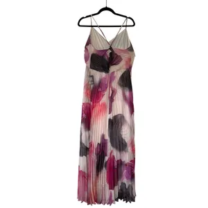 Express Floral Abstract Micro Pleated Maxi Dress Plum Magenta Watercolor L‎ NWT thumbnail 2