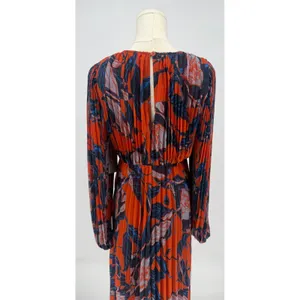 NWT Chelsea28 Floral Print Pleated Long Sleeve Dress Rust Blue Floral Sz XS $149 thumbnail 10