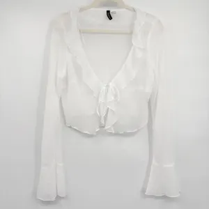 H&M Divided Women White Sheer Ruffle Fairycore Tie Front Crop Top Bolero‎ Size L thumbnail 2