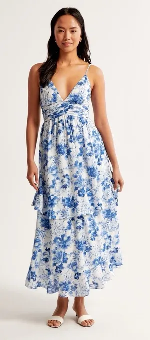 Abercrombie & Fitch Tiered Ruffle Maxi Dress Small White Blue Sundress Tie Back thumbnail 1
