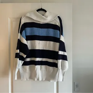 Aerie Oversized Blue & White Striped Quarter Zip Sweater thumbnail 6