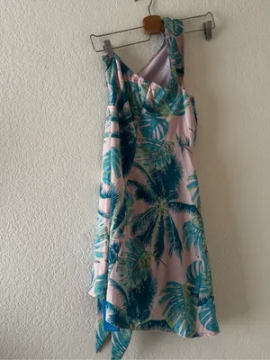 Cupshe Pink One-Shoulder Palm Print Tie-Waist Dress thumbnail 3