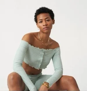 Ribbed Off-Shoulder Button Crop Top in Sage Green Size S Shell 91% Tencel thumbnail 1