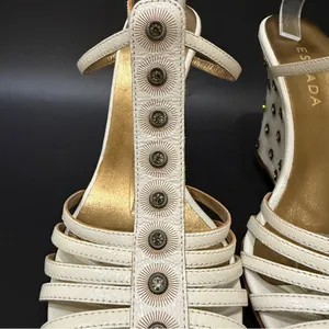ESCADA Ivory White Leather Crystal Studded T-Strap Wedge Sandals Size 37 1/2 thumbnail 10